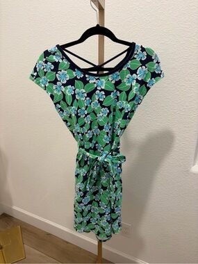 T by Talbots Floral Navy & Green Tie-Waist Women's Dress size small petite